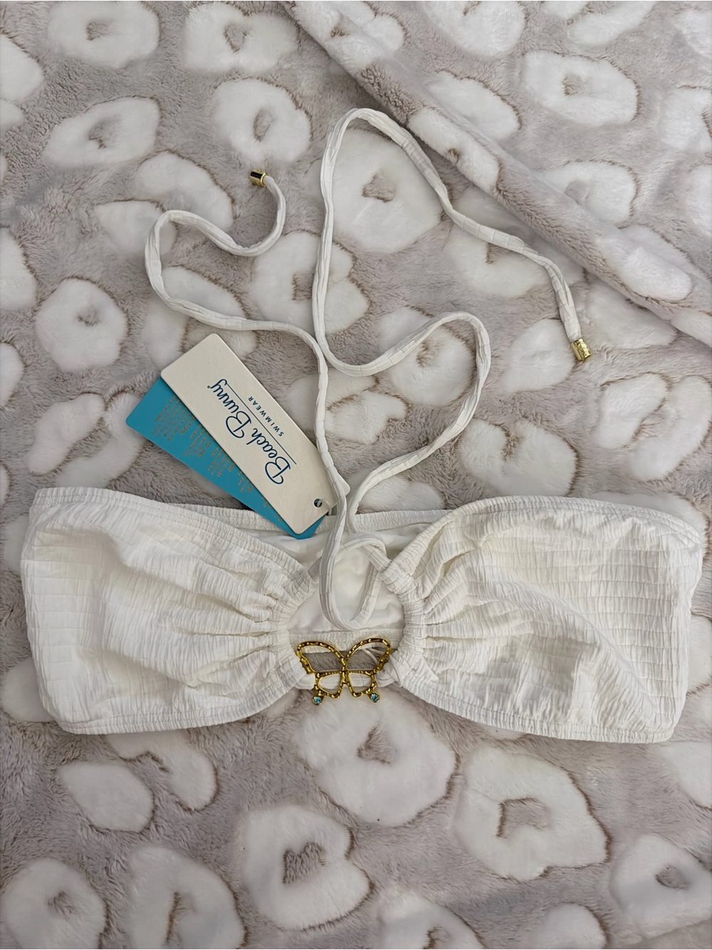Beach Bunny White Bandeau Top with Gold Butterfly Accent